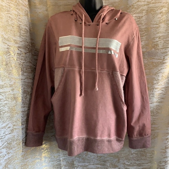 Cute Ash Rose/Silver Touching Striped Hooded Sweatshirt Size M - Picture 2 of 8